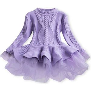 Winter Girls Knit Long Sleeve Sweater Organza Dress Evening Dress  Size:110cm(Purple)