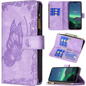 For Nokia 1.4 Flying Butterfly Embossing Pattern Zipper Horizontal Flip Leather Case with Holder & Card Slots & Wallet(Purple)