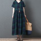 Zomer V-hals Katoen Plaid Textuur Loose Dress voor dames (Kleur: Green Grid Size: M)
