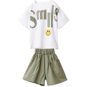 Girls Short-sleeved Top + Two-piece Group Pants (Color:White Size:120)