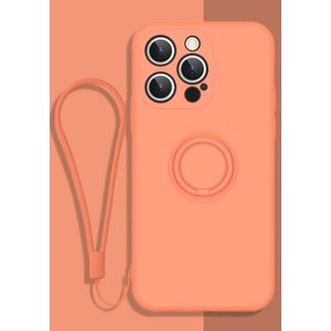 All-inclusive Liquid Silicone Phone Protective Case with Ring Holder & Lanyard For iPhone 13 Pro Max(Coral Orange)