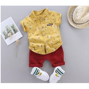 Summer Childrens Short-sleeved Suit Shirt Two-piece Suit (Color:Yellow Size:80)