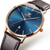 OLEVS 5869 heren zakelijke waterdichte lederen band quartz horloge (blauw + rosé goud)