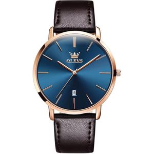 OLEVS 5869 heren zakelijke waterdichte lederen band quartz horloge (blauw + rosé goud)