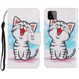 Voor Sansung Galaxy A22 5G 3D-gekleurde tekening horizontale flip lederen telefoonhoesje met houder & kaart slots & portemonnee (rode mond kat)