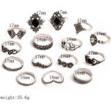 15 stuks Boheemse Retro Crystal bloem bladeren holle Lotus Gem Silver Ring Set