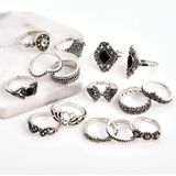 15 stuks Boheemse Retro Crystal bloem bladeren holle Lotus Gem Silver Ring Set