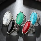 Fashion Vintage Oval Turquoise Flower Ring Women Antique Silver Jewelry  Ring Size:7(Green)