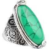 Fashion Vintage Oval Turquoise Flower Ring Women Antique Silver Jewelry  Ring Size:7(Green)