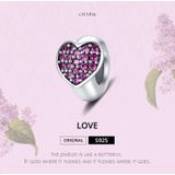 S925 Sterling Silver Pink Zircon Love Heart Beads DIY Bracelet Necklace Accessories