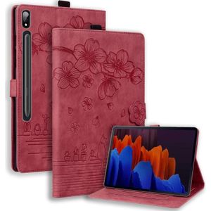 Voor Samsung Galaxy Tab S9+ /S8+ /S7+ Cartoon Sakura Kat Reliëf Smart Leather Tablet Case (Rood)
