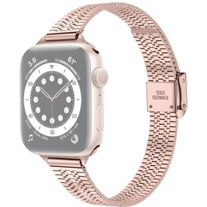 14mm Seven-beads Double Safety Buckle Slim Steel Replacement Strap Watchband For Apple Watch Series 7 & 6 & SE & 5 & 4 44mm  / 3 & 2 & 1 42mm(Pink Gold)
