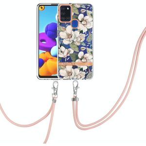 For Samsung Galaxy A21s Flowers Series TPU Phone Case with Lanyard(Green Gardenia)