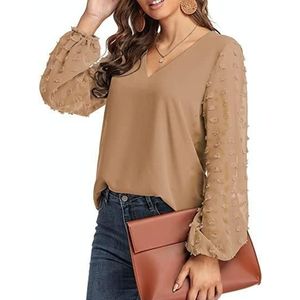 V-hals Chiffon Wol Ball Decoratieve Lange Mouw Blouse (kleur: Khaki Maat: XXL)