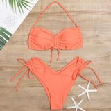 2 in 1 Ladies Halter Backless Drawstring Bikini Solid Color Split Swimsuit Set with Chest Pad (Color:Orange Size:M)