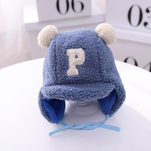 C0183 Letter Lamb Velvet Children Bomber Cap Warm Baby Hat with Cotto  Size: Around 50cm(Blue)