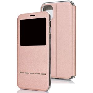 For iPhone 11 Pro  Matte Texture Horizontal Flip Bracket Mobile Phone Holster Window with Caller ID and Metal Button Slide To Unlock(Rose Gold)
