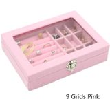 Home Glass Lid Flannel Storage Jewelry Box With Lid(9 Grids Pink)
