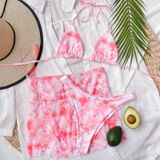 3 in 1 Lace-up Halter Backless Bikini Ladies Tie-Dye Split Swimsuit Set with Mesh Short Skirt (Color:Pink Size:L)