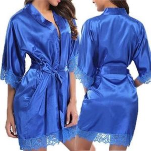 Half Sleeve Robe Vrouwen Faux Silk Pyjama Sexy Night Dress  Maat:XXL(Blauw)