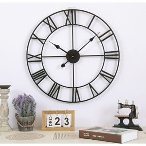60cm Retro Living Room Iron Round Roman Numeral Mute Decorative Wall Clock (Black)