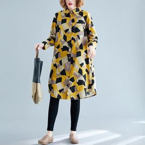 Large Size Loose Looking Thin Western Style Mid-length Cardigan Printed Shirt (Color:Yellow Size:XXXL)