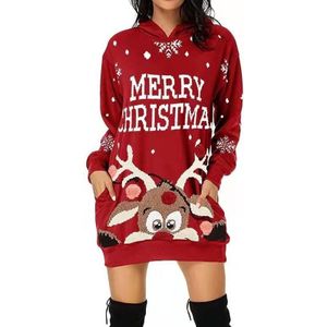 Vrouwen Kerst Elk Print Lange Mouw Sweatshirt Jurk (Kleur: Rood Maat: XL)