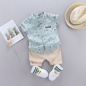 Summer Childrens Short-sleeved Suit Shirt Two-piece Suit (Color:Light Green Size:100)
