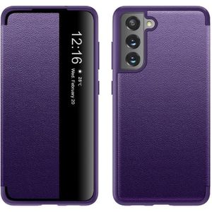 For Samsung Galaxy S21 FE Magnetic Side Window View Shockproof Horizontal Flip Leather Case(Purple)