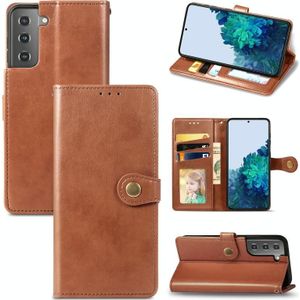 For Samsung Galaxy S21 Plus 5G Retro Solid Color Leather Buckle Phone Case with Lanyard & Photo Frame & Card Slot & Wallet & Stand Function(Brown)