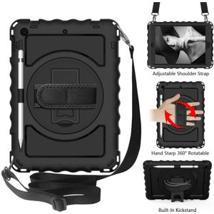 For iPad 10.2 360 Degree Rotating Case with Pencil Holder  Kickstand Shockproof Heavy Duty with Shoulder Strap Hand Strap(Black)
