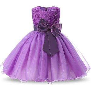 Purple Girls Sleeveless Rose Flower Pattern Bow-knot Lace Dress Show Dress  Kid Size: 140cm