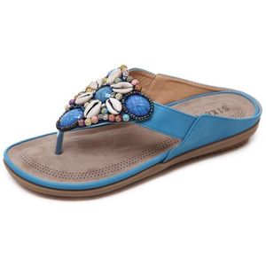 Ladies Summer Bohemian Sandals Seaside Retro Beaded Shell Slippers  Size: 40(Blue)