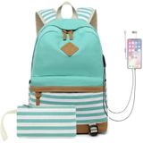 2 PCS/Set Printed Canvas Backpack Student School Bag Striped Large Capacity Backpack(Green)
