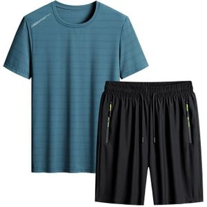 Zomer heren T-shirt korte broek sportpak casual fitness tweedelige set  maat: XXXL (donkergroene top + zwarte shorts)