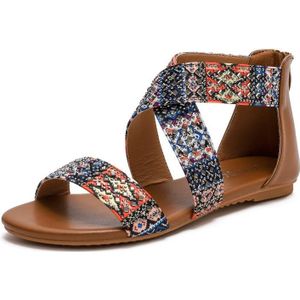 Dames zomer sandalen Boheemse etnische strand platte schoenen  maat: 37 (bruin)
