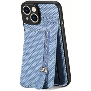Voor iPhone 14 Plus Koolstofvezel Verticale Flip Rits Telefoon Case(Blauw)