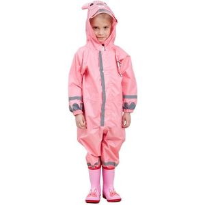 Children One-Piece Raincoat Boys And Girls Lightweight Hooded Poncho  Size: L(Pink)