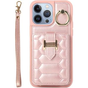 Voor iPhone 13 Pro Max Vertical Card Bag Ring Holder Phone Case met Dual Lanyard (Rose Gold)