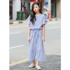 M582 Girls Summer Striped Top Loose Wide-leg Pants Two-piece Suit  Appropriate Height:140cm(Blue)