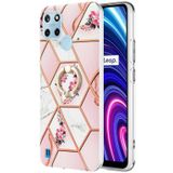 Voor Oppo Realme C21y splitsen marmeren bloempatroon TPU ringhouder (roze bloem)