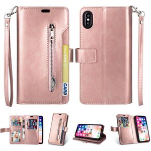 For iPhone X / XS Multifunctional Zipper Horizontal Flip Leather Case with Holder & Wallet & 9 Card Slots & Lanyard(Rose Gold)