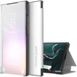For Xiaomi Redmi Note 9 Pro Carbon Fiber Texture View Time Horizontal Flip Leather Case with Holder & Touch Call Display ID(White)