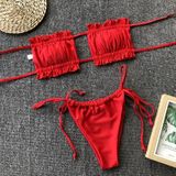 2 in 1 Double-layer Nylon Pleated Tube Top Bikini Ladies Split Swimsuit Set (Color:Red Size:S)