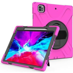 For iPad Pro 12.9 (2020) Shockproof Colorful Silicone + PC Protective Case with Holder & Shoulder Strap & Hand Strap & Pen Slot(Rose Red)