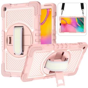 For Samsung Galaxy Tab A 10.1 2019 T515 360 Degree Rotation Contrast Color Shockproof Silicone + PC Case with Holder & Hand Grip Strap & Shoulder Strap(Rose Gold)