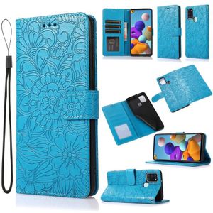 For Samsung Galaxy A21s Skin Feel Embossed Sunflower Horizontal Flip Leather Case with Holder & Card Slots & Wallet & Lanyard(Blue)