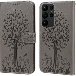 Voor Samsung Galaxy S23 Ultra 5G Tree & Deer Pattern Pressed Printing Horizontal Flip Leather Phone Case (Grijs)