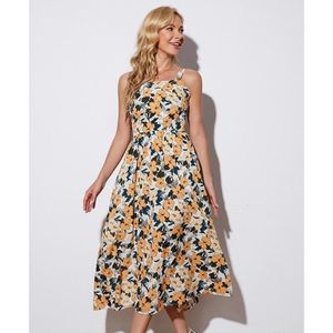 Mid-length bedrukte hoge taille jarretel jurk voor dames (kleur: kleur formaat: s)