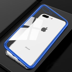 Ultra Slim Magnetic Adsorption Metal Frame Tempered Glass Magnet Flip Case for iPhone 8 Plus & 7 Plus(Blue + Black)
